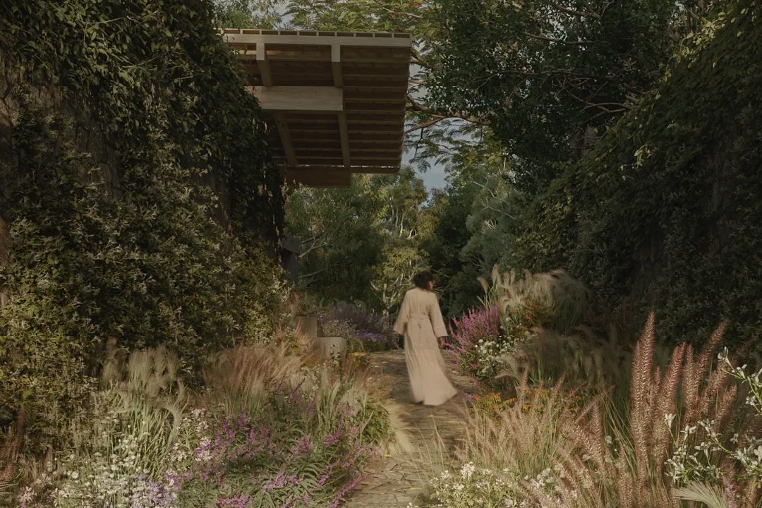 Bosque Seattle — garden path beneath the teahouse pavilion, Zapopan
