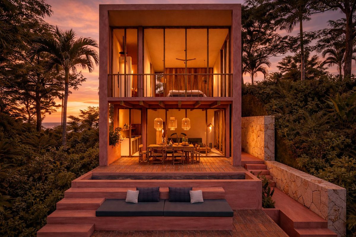 Rancho Aragón — villa at sunset above the Pacific coast, Zipolite